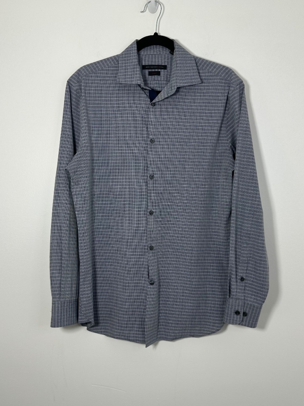 John Varvatos Mens Size 15 32/33 Blue & Gray Plaid Slim-Fit Cotton Dress Shirt